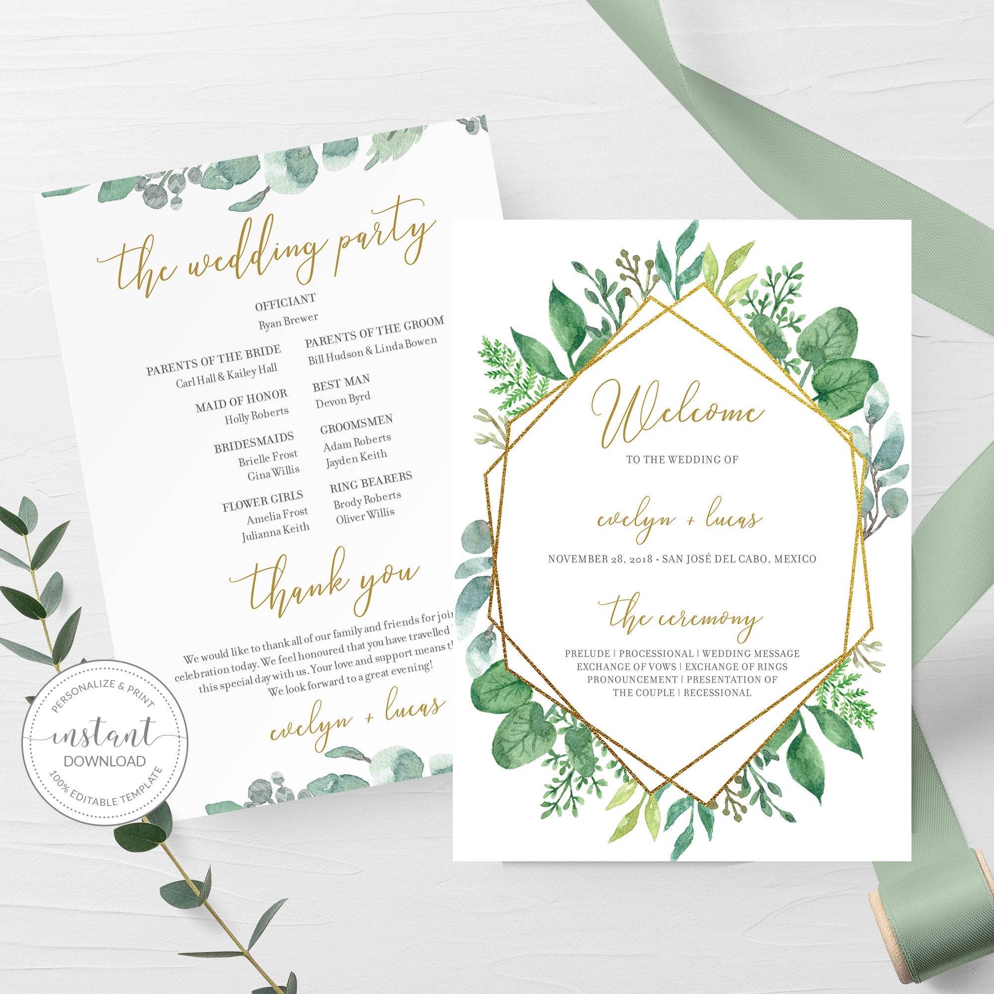 geometric-gold-greenery-wedding-program-template-printable-wedding-ce