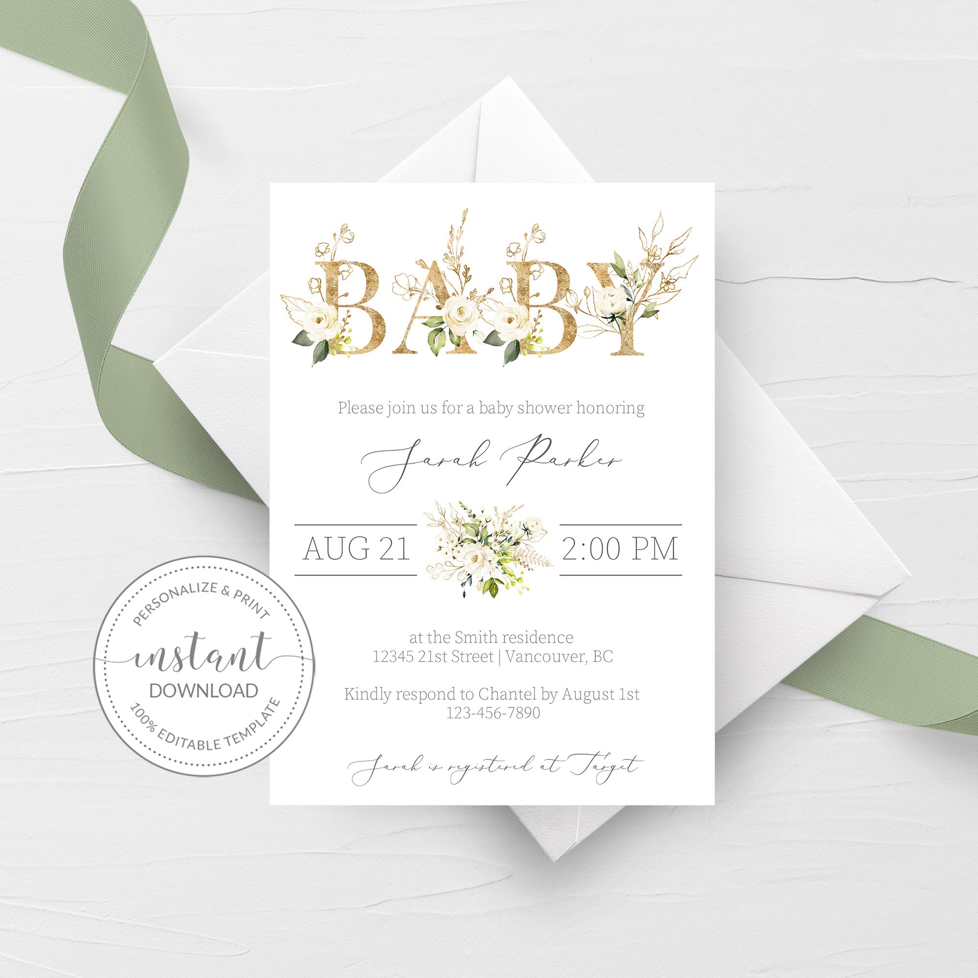 White Floral Greenery Baby Shower Invitation Template Printable Gold Plumpolkadot