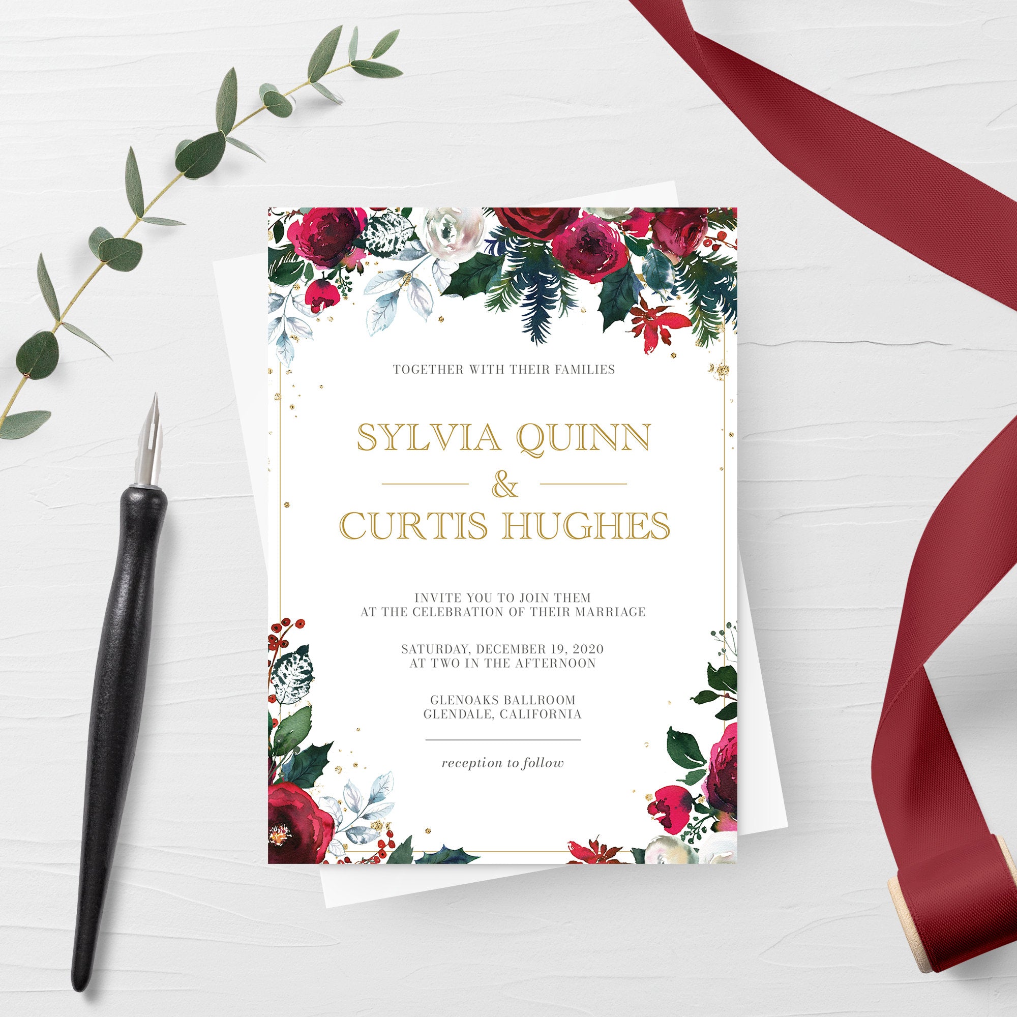 Christmas Wedding Invitation Suite Template, Printable Winter Wedding
