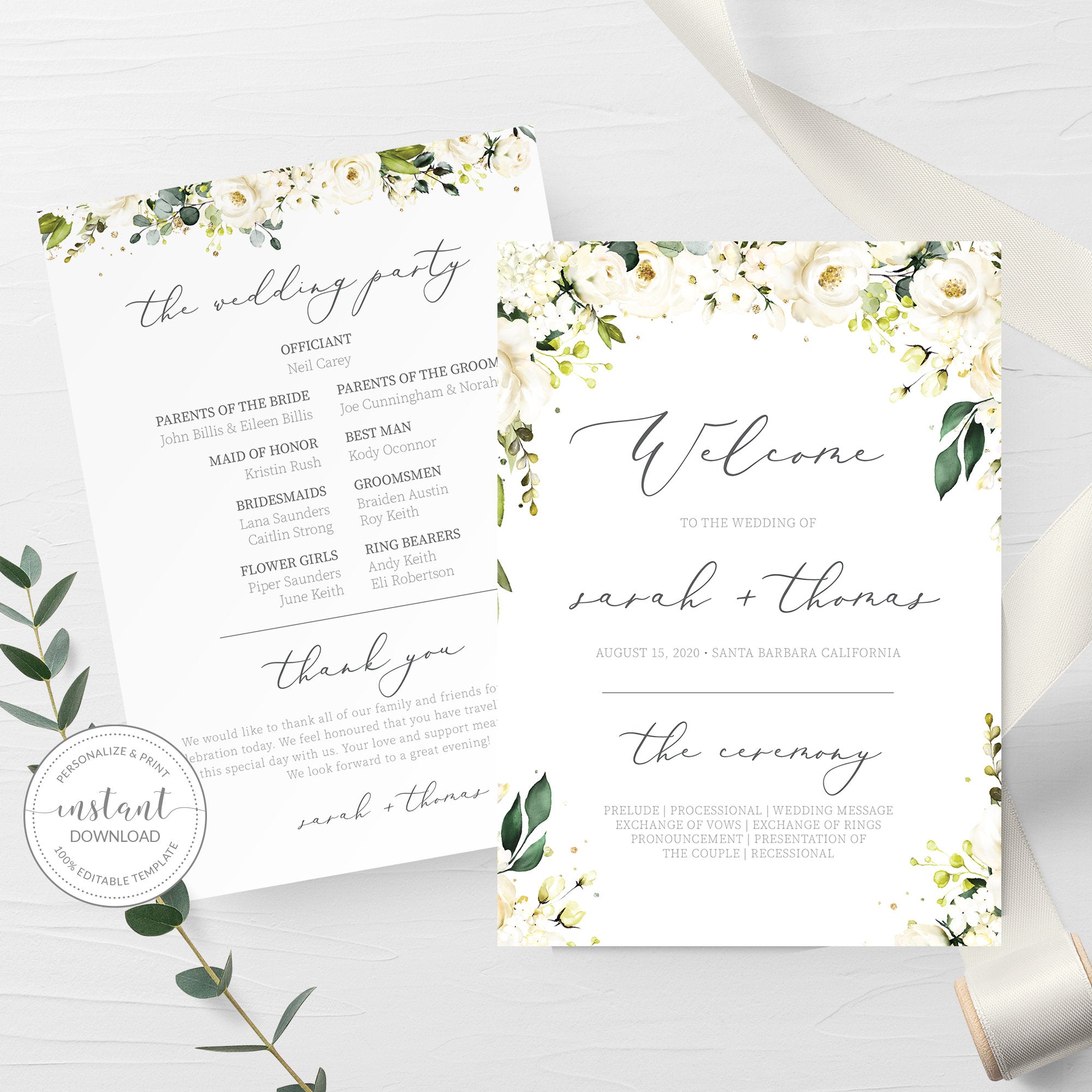 White Floral Greenery Wedding Program Template Printable  