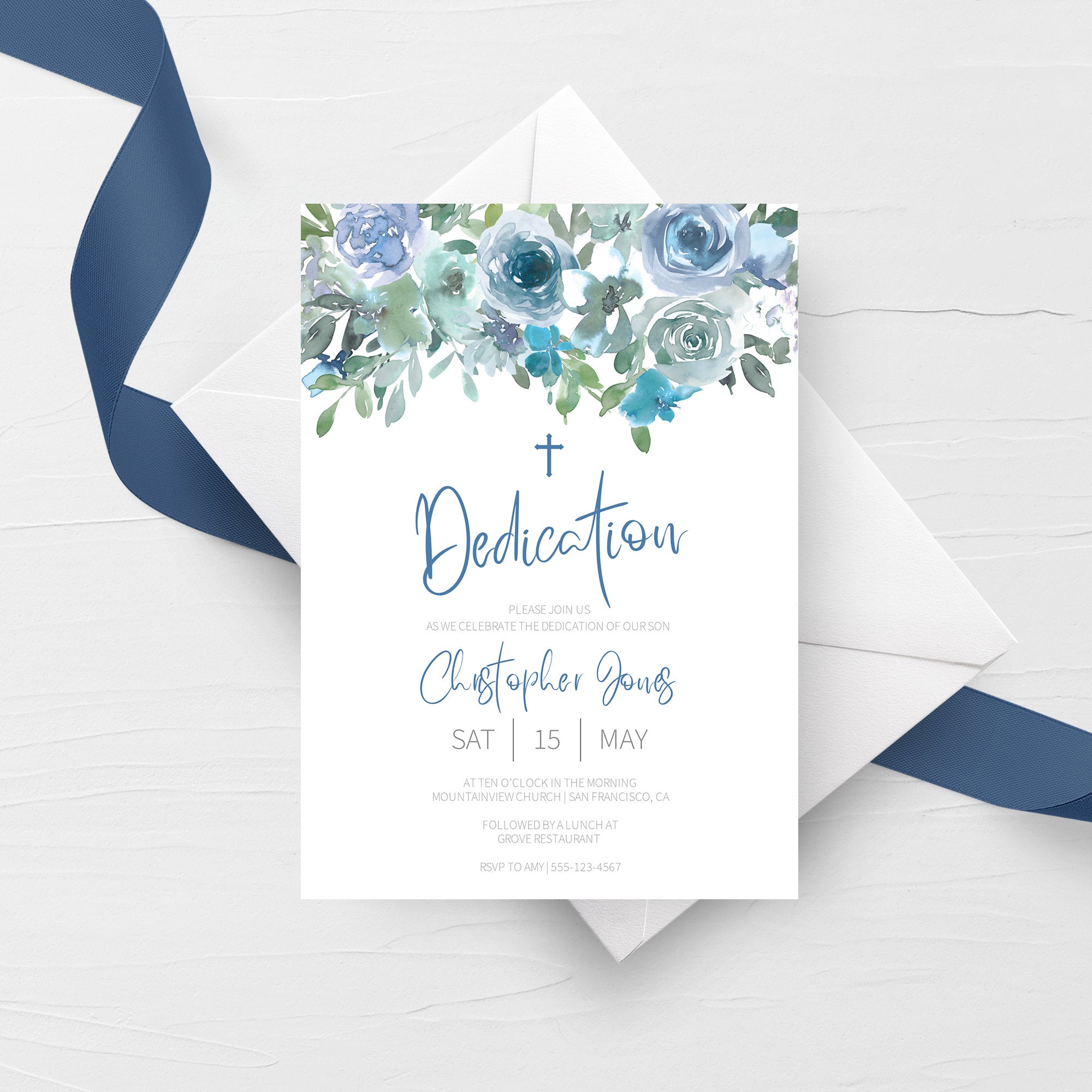 Blue Floral Baby Boy Dedication Invitation Template Printable Dedicat Plumpolkadot