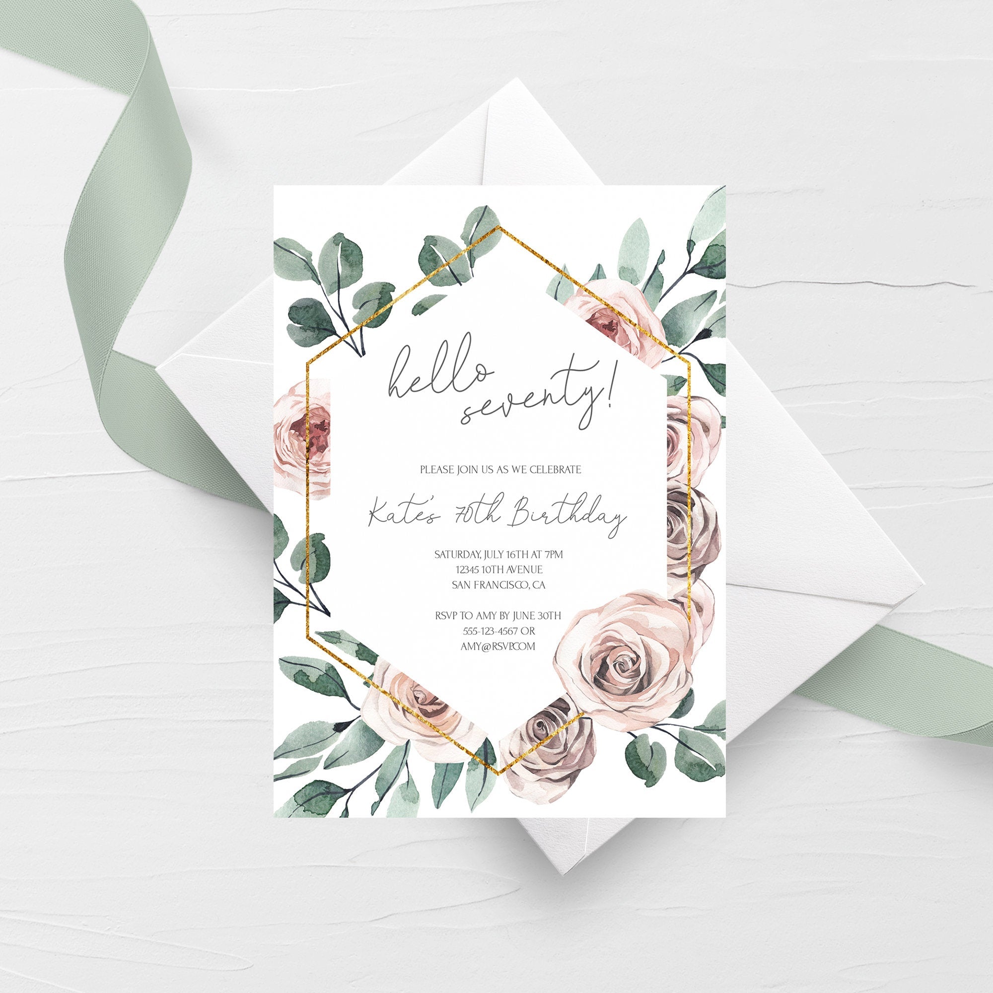 Boho Rose 70th Birthday Invitation Template, Printable Party Invite, E ...