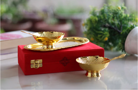 Bengalen Gold and Silver Plated Bowl, Spoon, Tray Set for Home Decorat