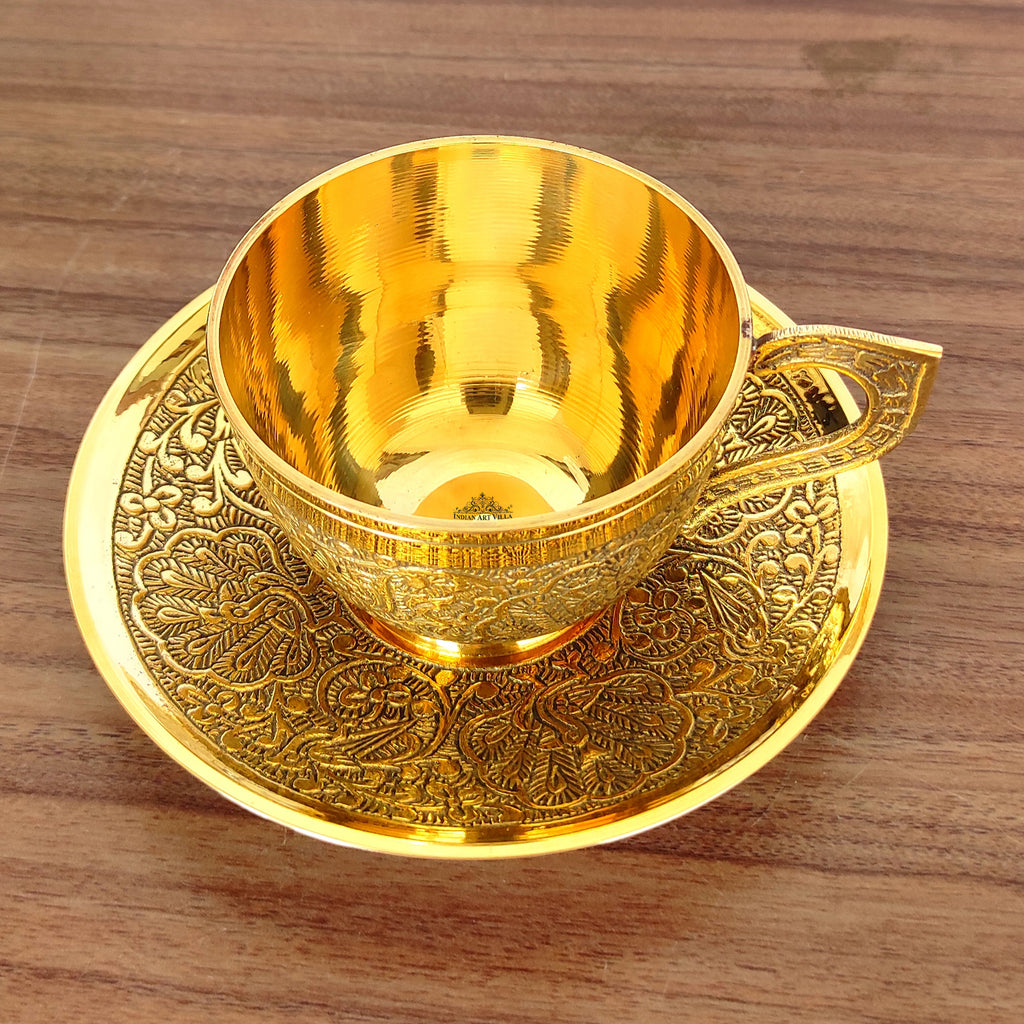 Brass Cup and Saucer Set for Tea Serving Engraving Luxury Tea