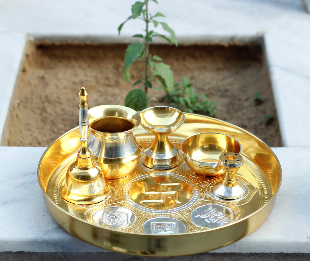 GOLDGIFTIDEAS 10 Inch Brass Premium Laxmi Ganesh Pooja Aarti Thali