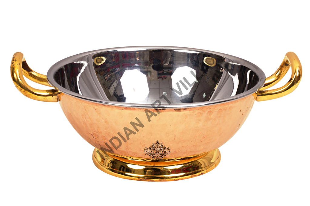 Brass Hammered Design Serving Cooking Kadhai Wok with Tin Lining 2800 ML  Gold