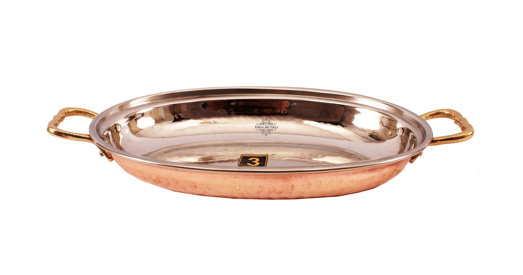 Buy Indian Art Villa Steel Copper Set of 3 Oval Serving Platter Plate with  Brass Handle Online - Indian Art Villa