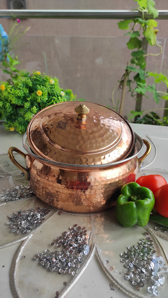 INDIAN ART VILLA Steel Copper Hammered Kadhai with Brass Handle Dia:- 9.5''  Inch – IndianArtVilla