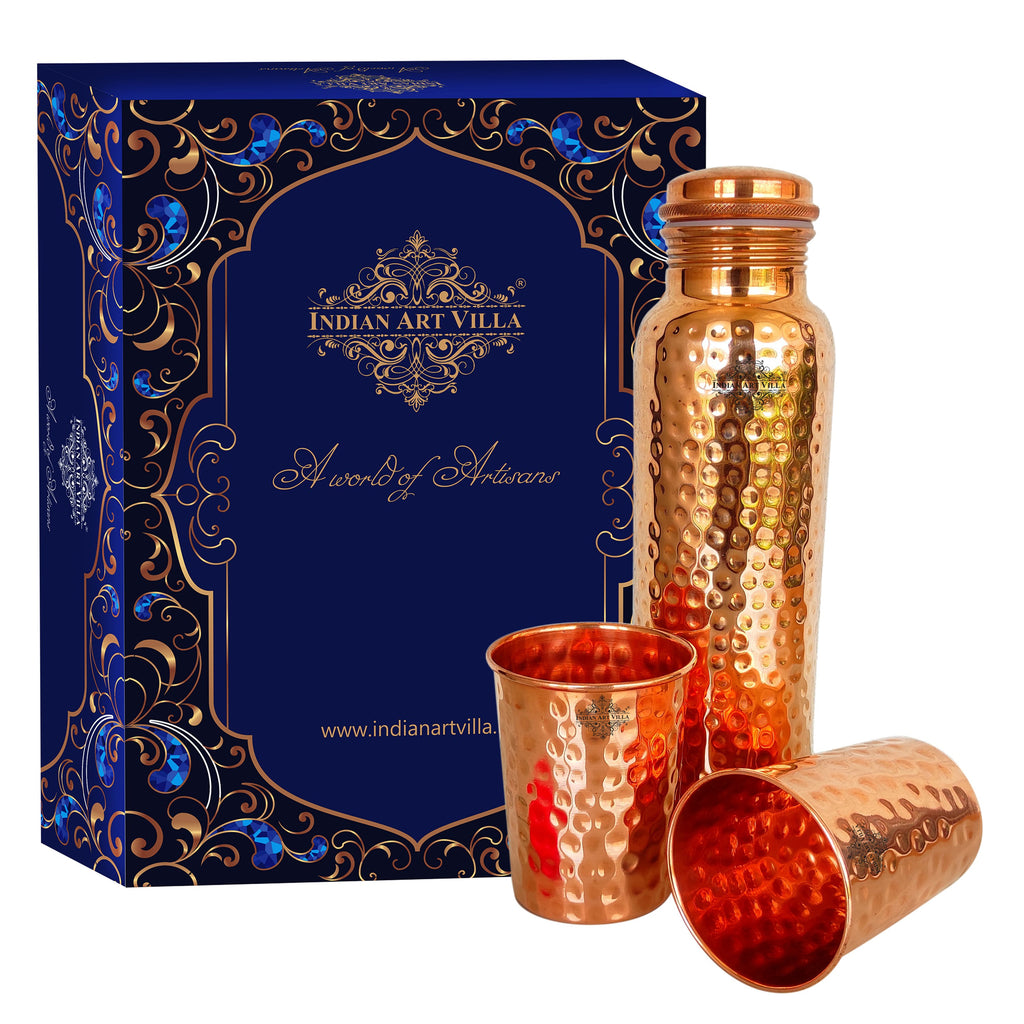 Combo Set of Embossed Copper Bottle with 4 Glass in Gift Box | Rustik Craft