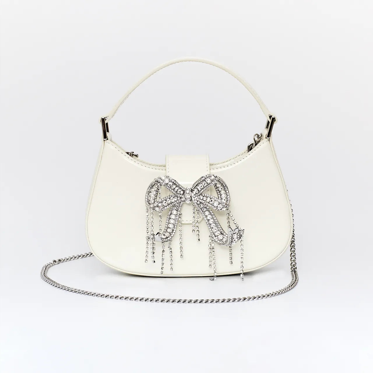 Self Portrait Cream Crescent Bag with Silver Bow Hen Engagement Wedding Bride