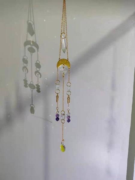 Suncatcher – Gold Crescent Moon & Sun Charms with Iridescent Beads