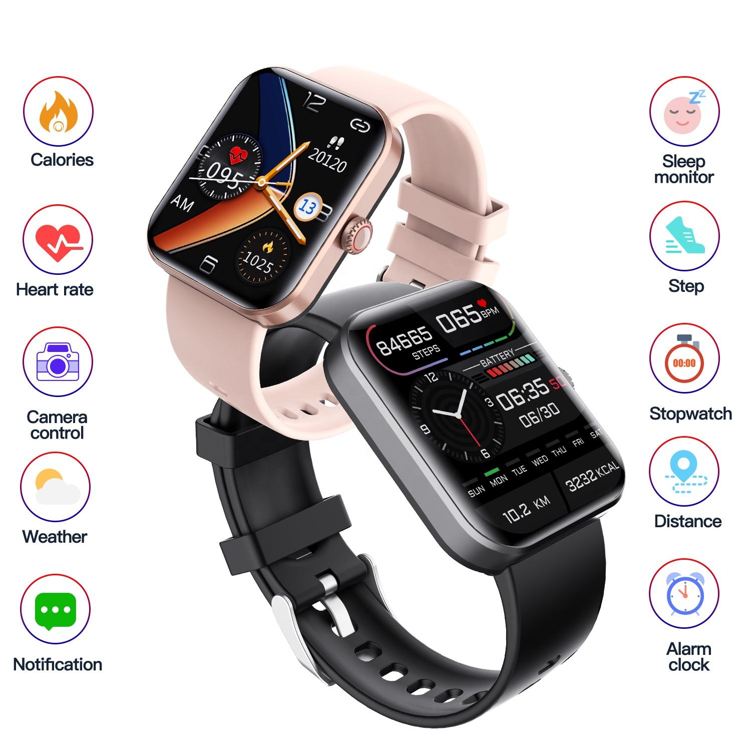 affiche-deux-modeles-un-rose-et-un-noir-smartwatch-avec-description-des-fonctions