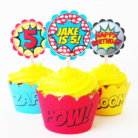 Boy Superhero Personalized Cupcake Toppers & Wrapper Set – Kaleidoscope ...