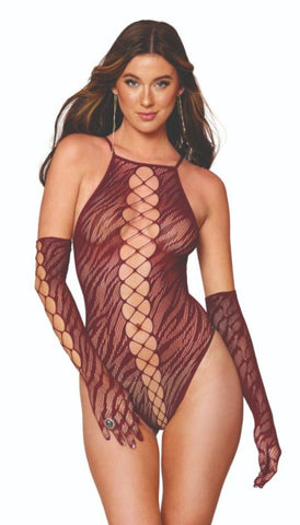 Sexy Zebra Print Fishnet Teddy Set with Gloves Musotica.com