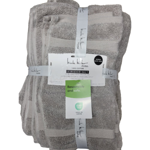 Nicole Miller 7pc Gray 100% Cotton Complete Bath Set, Machine Washable And Ma...