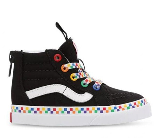 rainbow checkerboard lace up vans