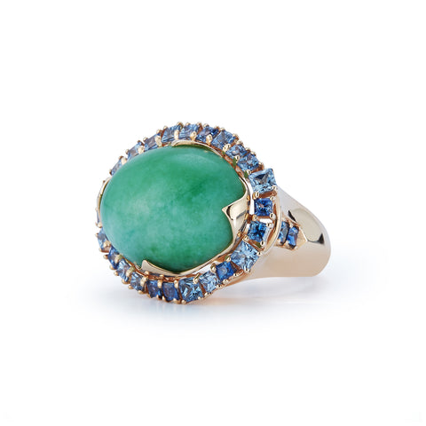 Jade cabochon and sapphires cocktail statement ring