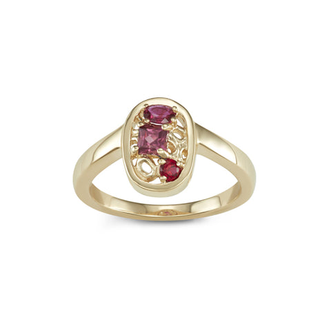 14k Yellow Gold Curved band with stone clusters Tower Ring with Rubies and Garnet Hi June Parker