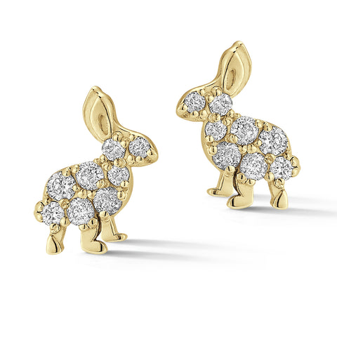 Trickster bunny diamond 14k gold stud earrings