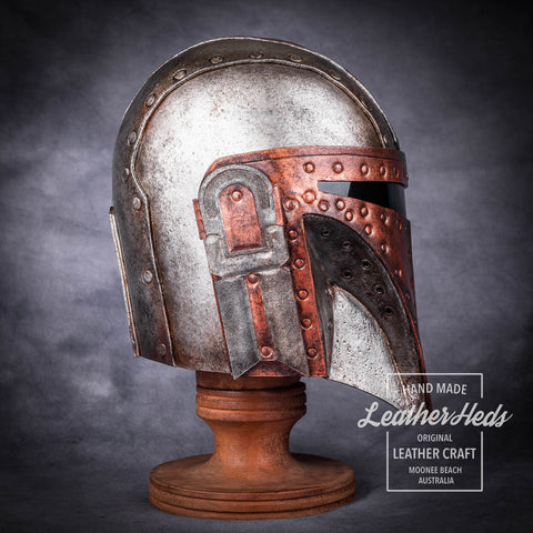 Leather steampunk Mandalorian helmet side