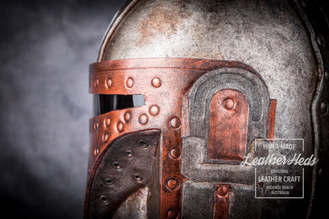 Leather steampunk Mandalorian helmet detail