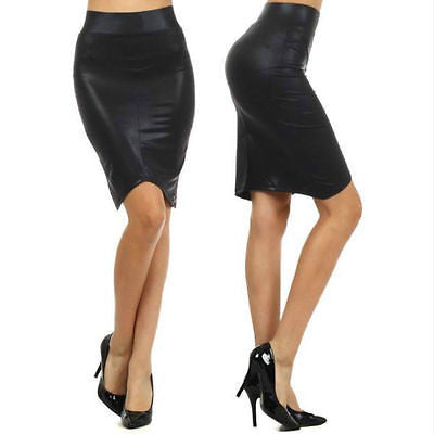 Skirt Shiny Wet Look Faux Leather Knit Textured Pencil Black – Jersey Glam