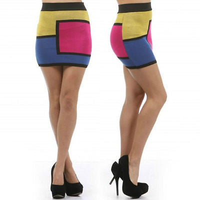 Skirt Color Block Mini Stretch Knit Mod Pink Yellow Blue Sexy Square - Jersey Glam