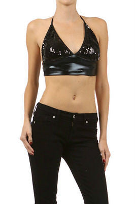 Womens Crop Top Sequin Shiny Metallic Lame Sparkling Sexy Club - Jersey Glam