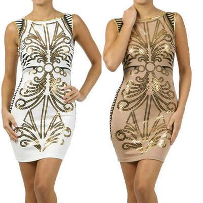 Woman Dress Bodycon Ornate Metallic Print Low Back Stretch Sleeveless - Jersey Glam