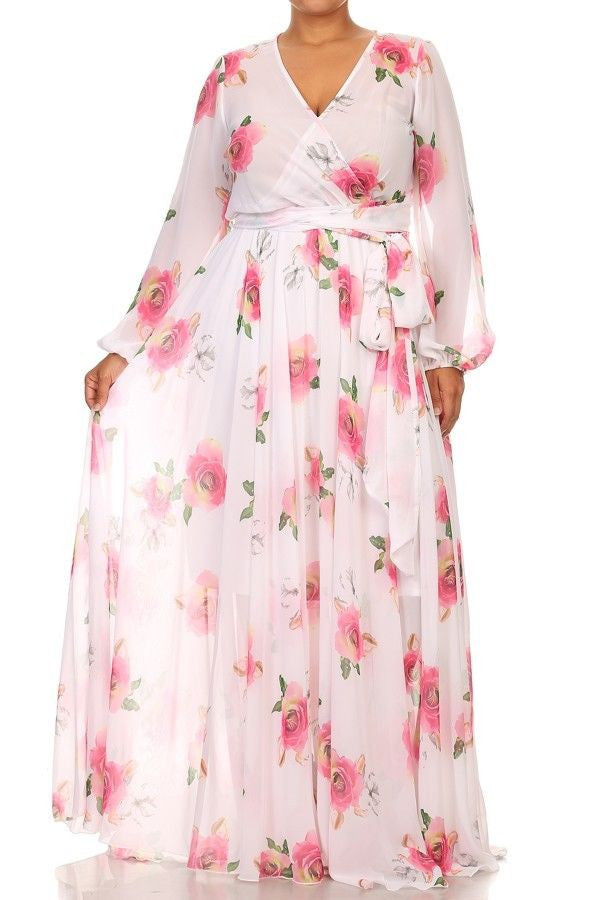 Plus Maxi Dress Floral Chiffon Sheer Wrap Print Long Sleeve Wrap Sweep Jersey Glam 3272