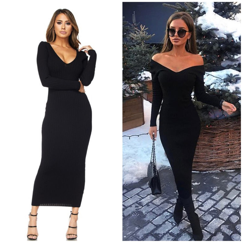 off shoulder midi dress black