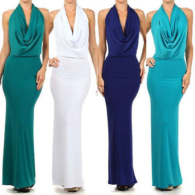 halter drape cowl maxi gown cocktail formal solid low sexy dress glam jersey