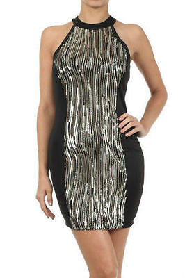 Dress Cocktail Sequin Gold Sparkling Textured Panel Halter Sexy Mini ...