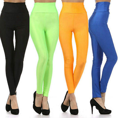 High Waist Leggings Stretch Nylon Solid Fold Over Skinny Pants Long - Jersey Glam - Fold Over Waist Leggings