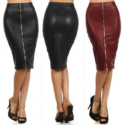 Black Skirt Faux Leather Pencil High Waist Zipper Sexy Plus Size S M L ...