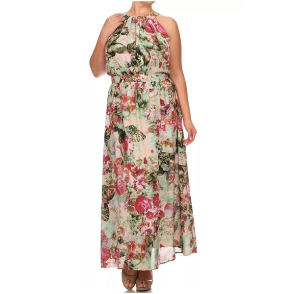 Plus Maxi Dress Chiffon Butterfly Floral 1X 2X 3X Sleeveless Mock Neck ...