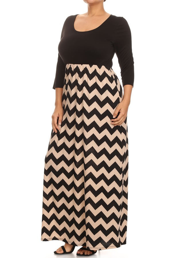 Plus Maxi Dress Chevron Long Full Length Casual 3/4 Sleeve Women Solid ...