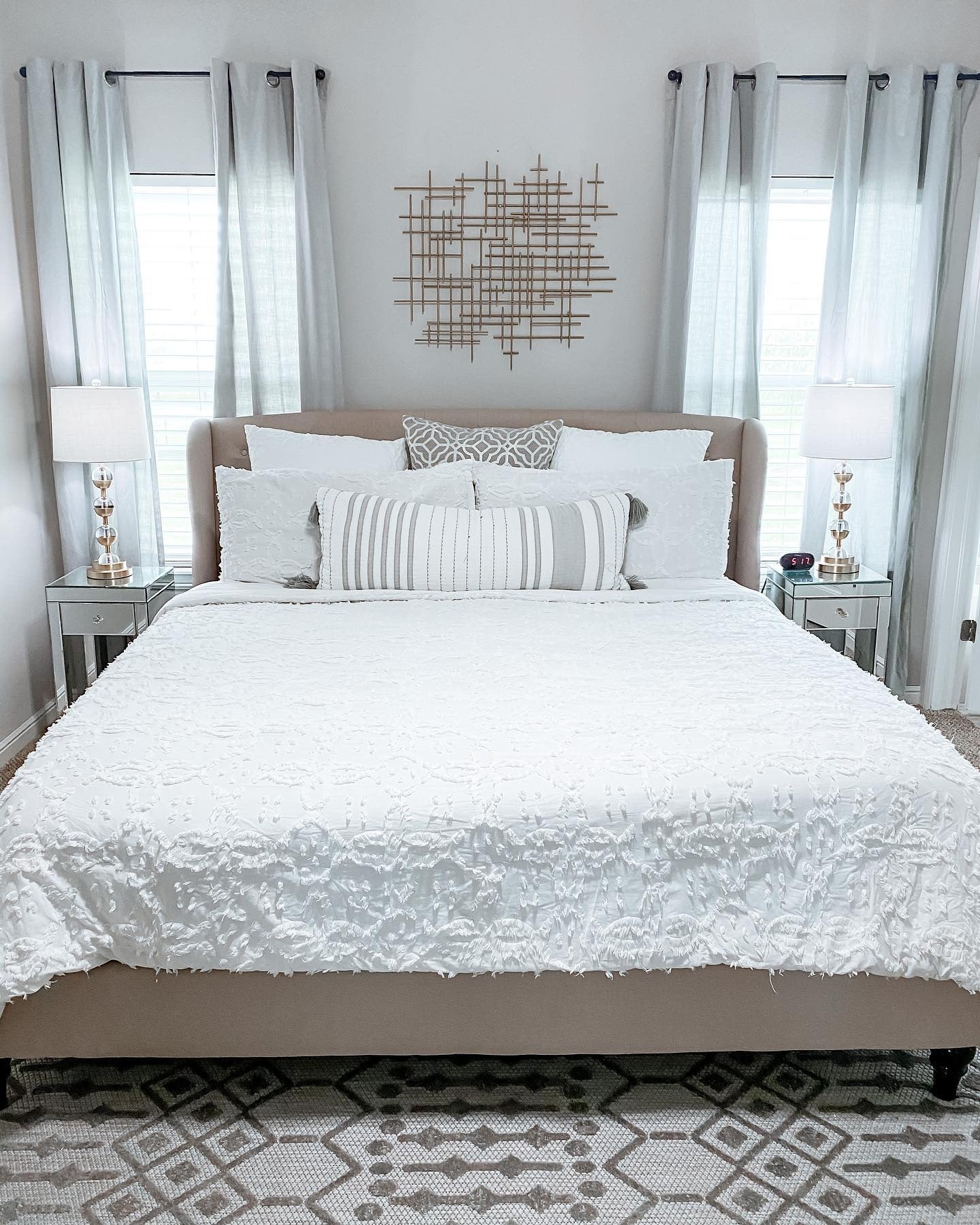 10. Contemporary Cool with Geometric Elegance - White and Gold Bedroom Ideas