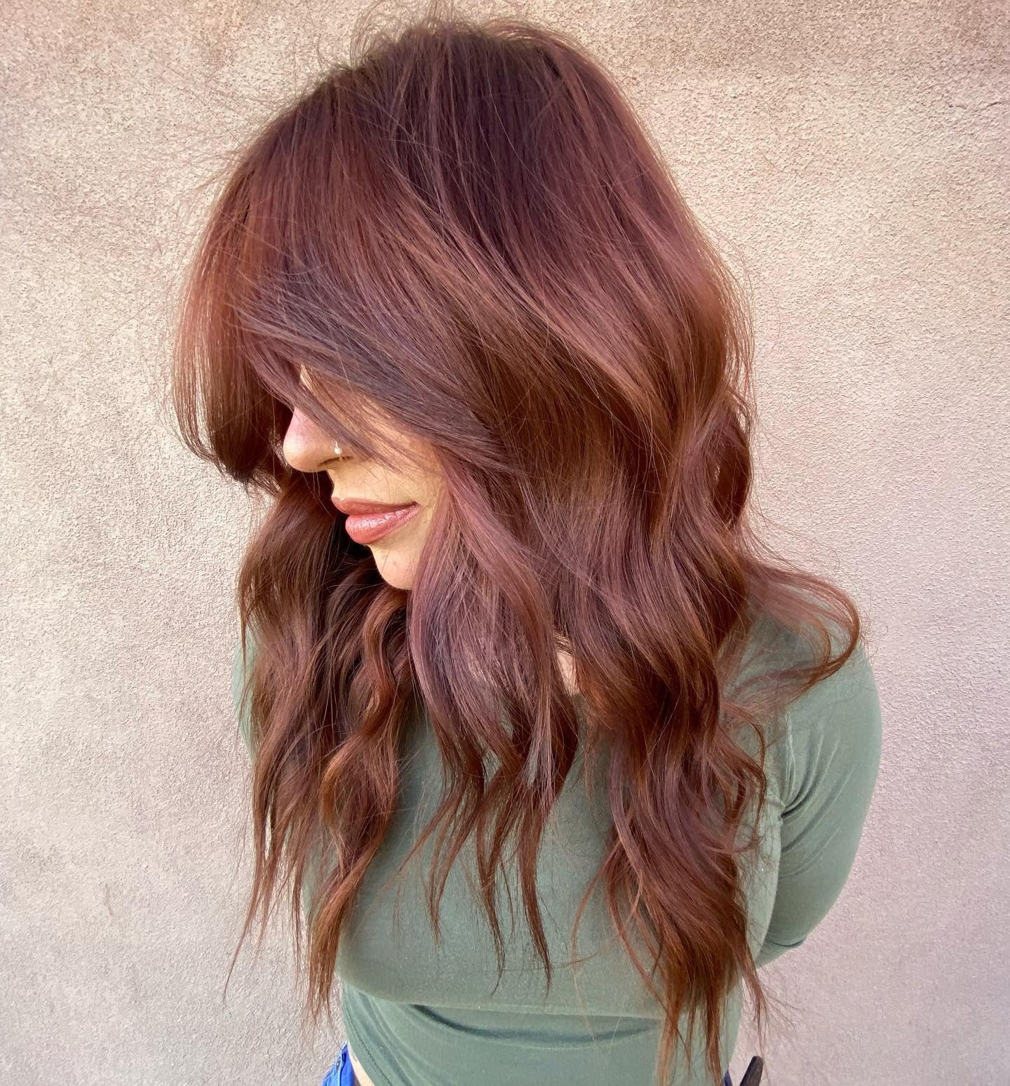 11. Textured Merlot Waves with Side Fringe - Brown Hair Color
