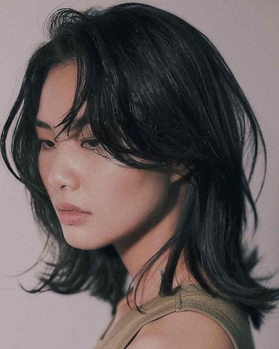 14. Airy Jet Black Cut with Wispy Curtain Layers - Shoulder Length Hair