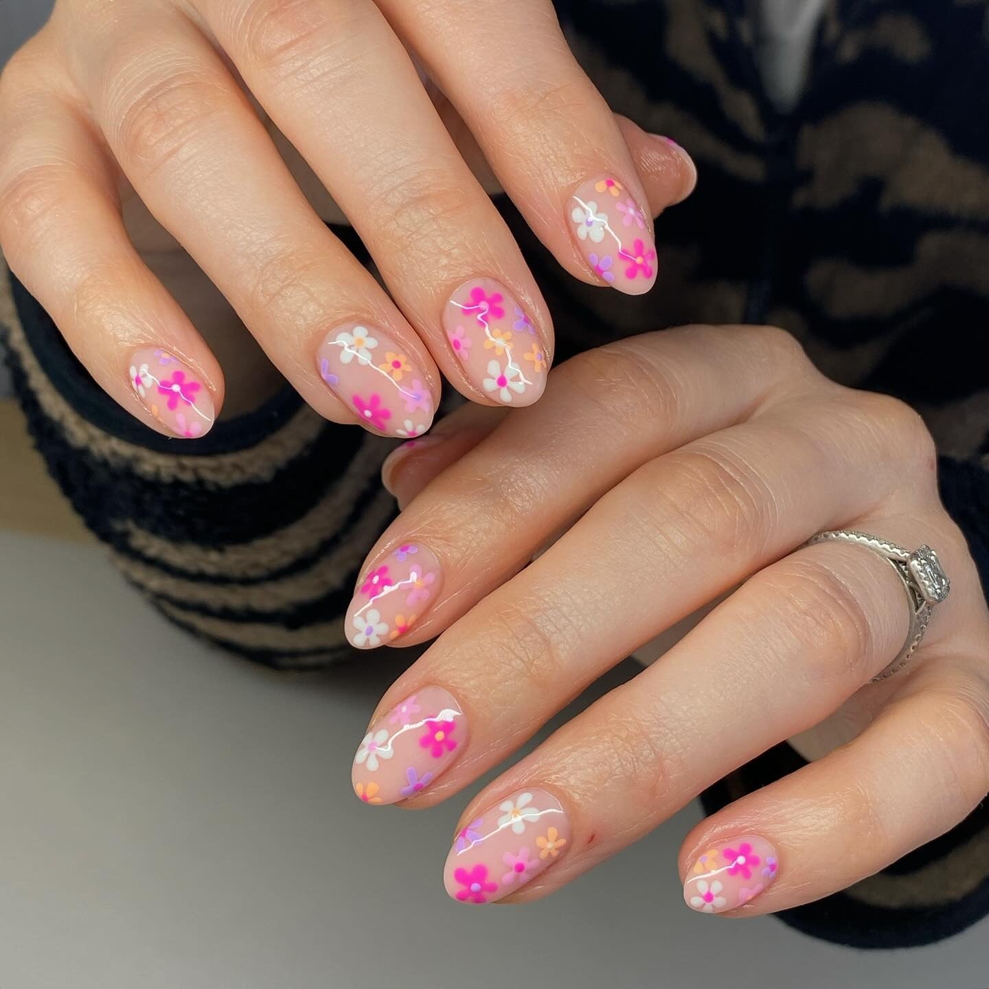 16. Neon Floral Garden Almond Nails - Floral Nail Ideas