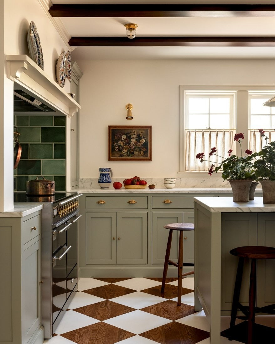16. Sage Green with Checkered Floor Detail - Open Concept Kitchen Ideas