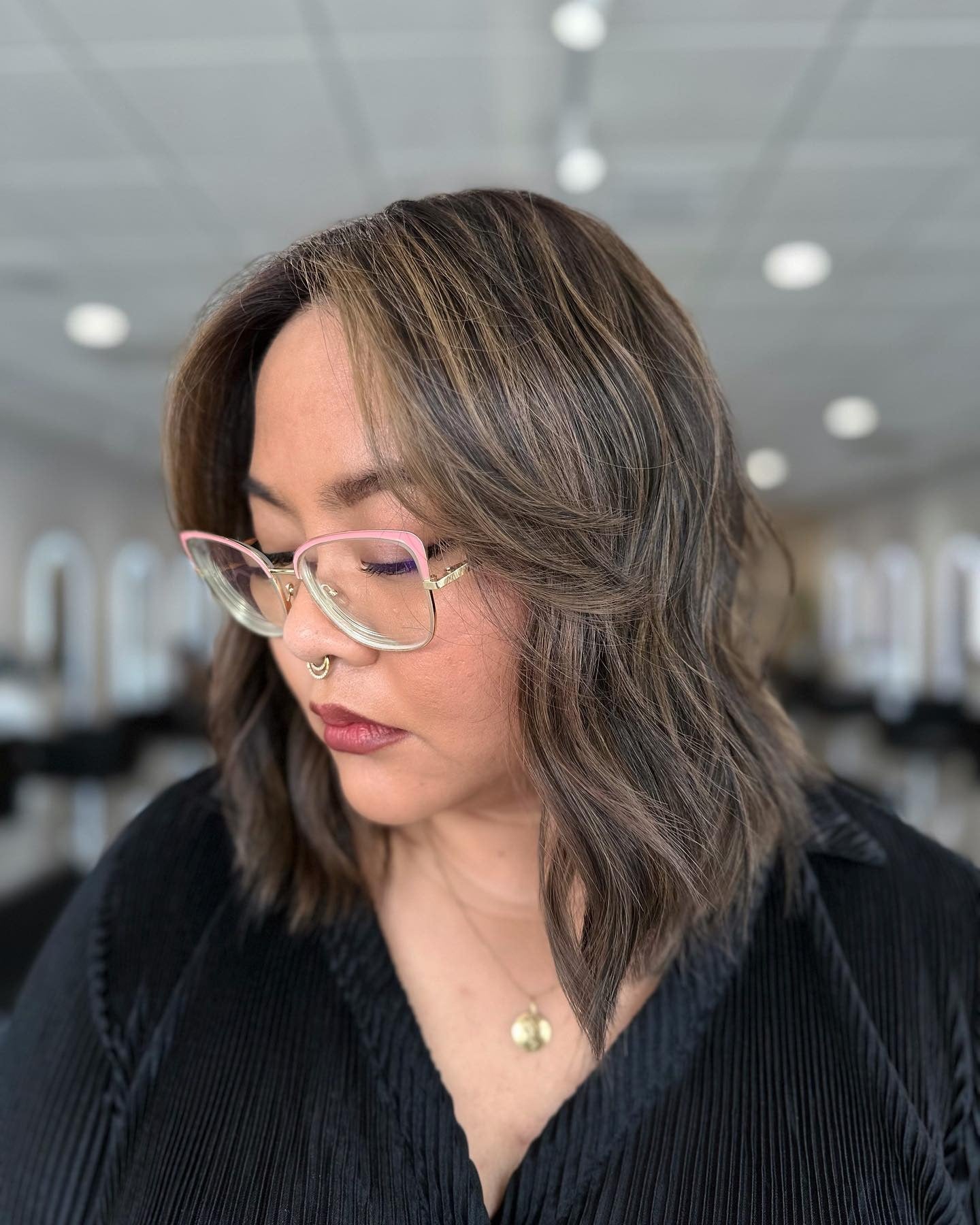 17. Ash Brown Angled Lob with Ribbon Highlights - Light Ash Brown Hair Color