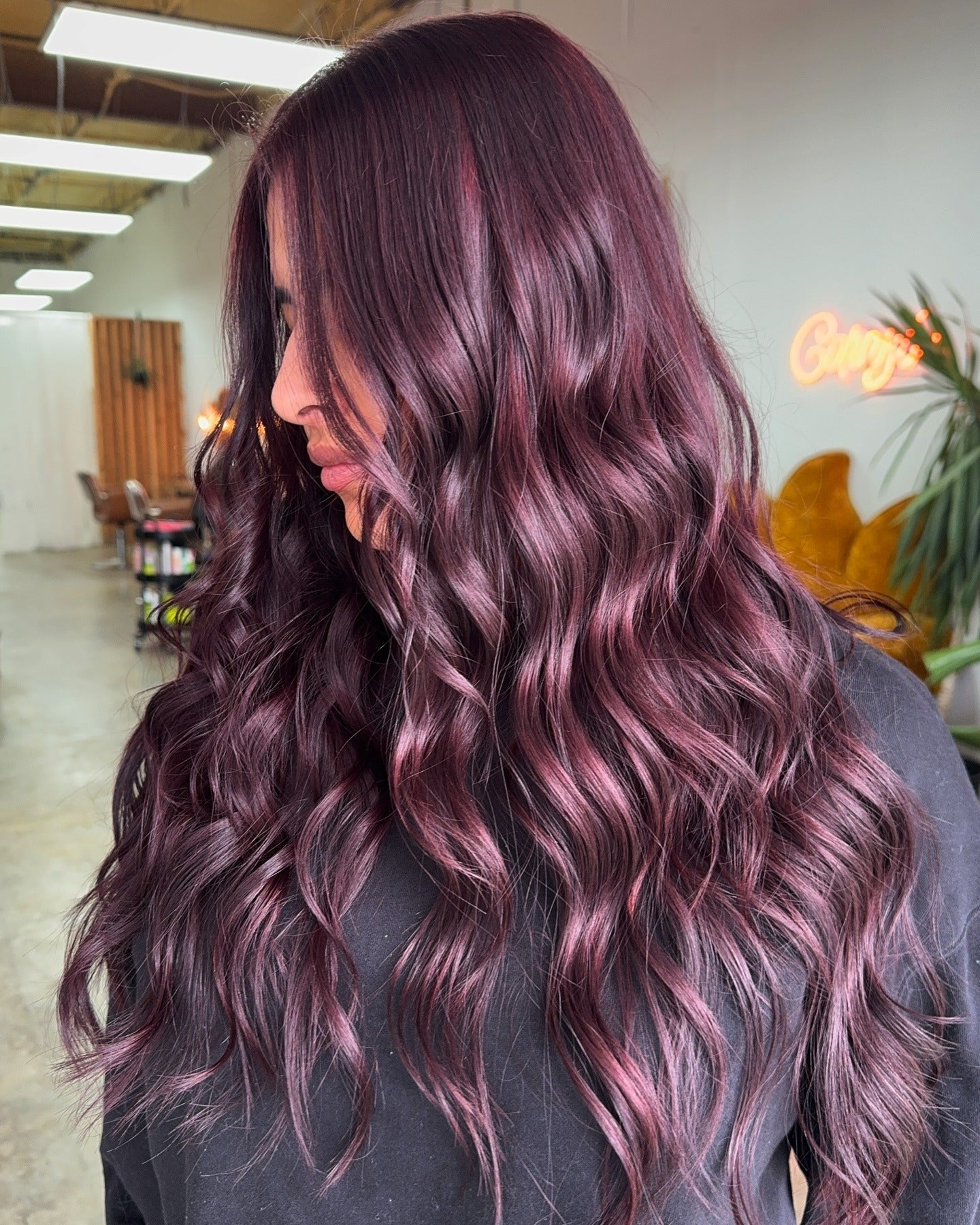 17. Black Cherry Waves on Extra Long Hair - Dark Red Hair Color