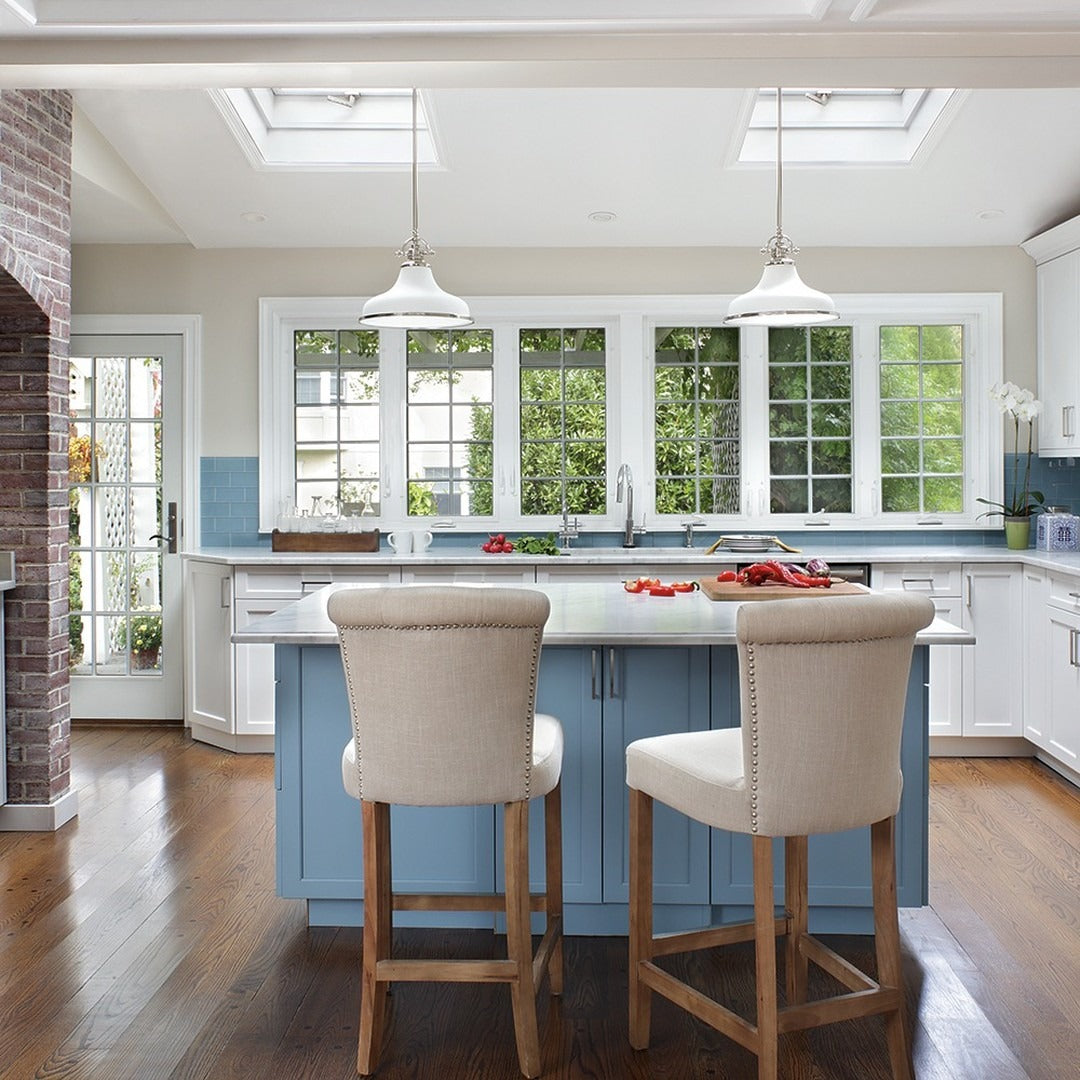 6. Light-Filled Comfort with Sky Blue Island - Blue Kitchen Cabinets Ideas