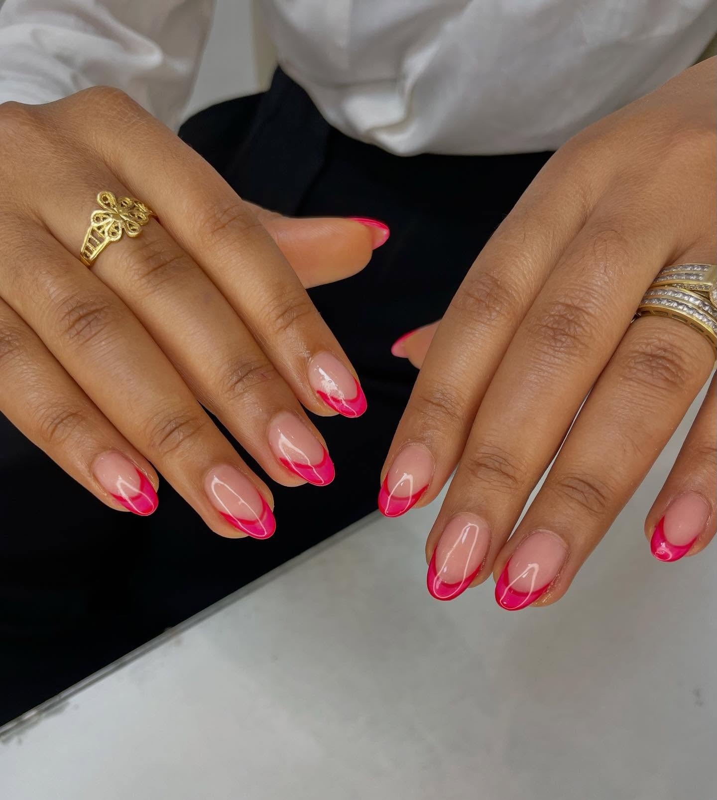 7. Pink Outline Waves on Almond Nails - Hot Pink Nail Ideas