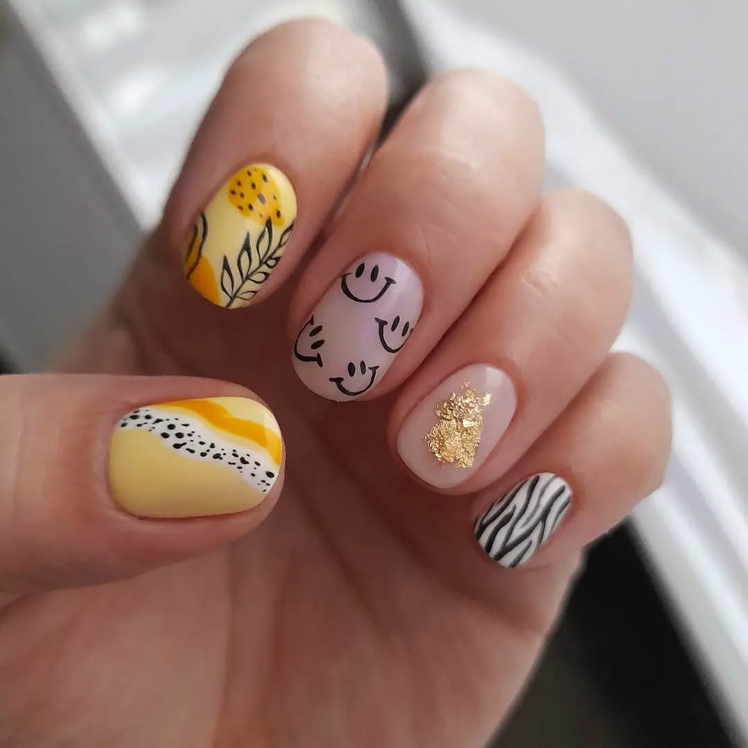 7. Whimsical Yellow and Monochrome Mix - Nail Ideas for Work