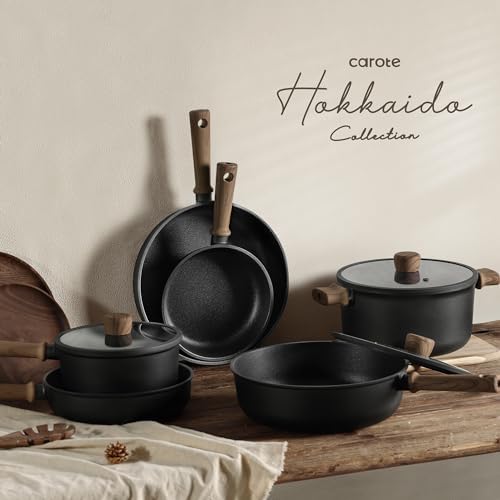CAROTE 16pcs Pots and Pans Set Non Stick  Nonstick Kitchen Cookware Sets  Induction Cookware Sets with Stay-Cool Handle  Black