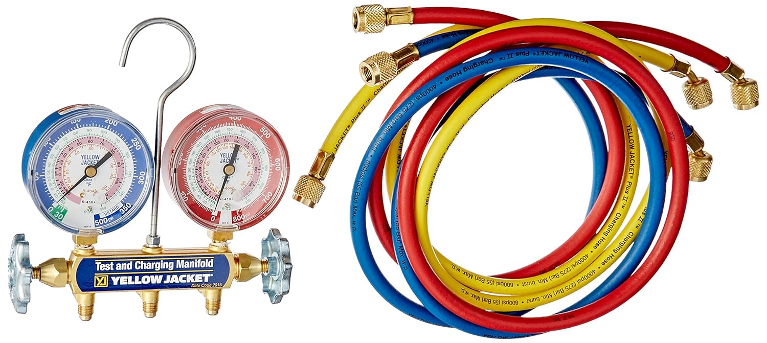 Yellow Jacket 42004 Series 41 Manifold with 3-1/8″ Gauges, 60″ Hoses, R-22/404A/410A Compatible