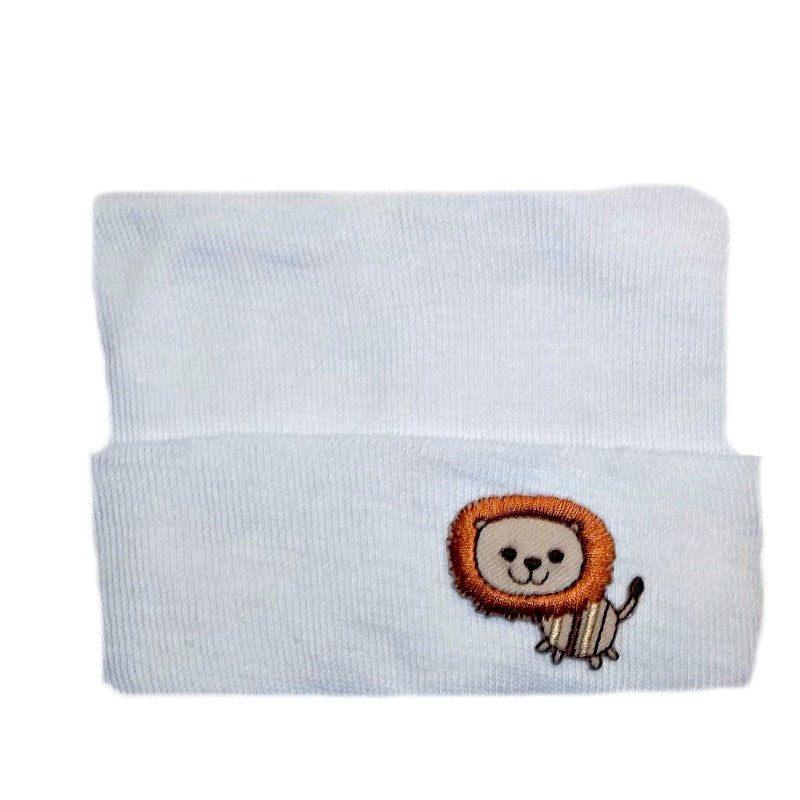 White Baby Hospital Hat With Lion Applique